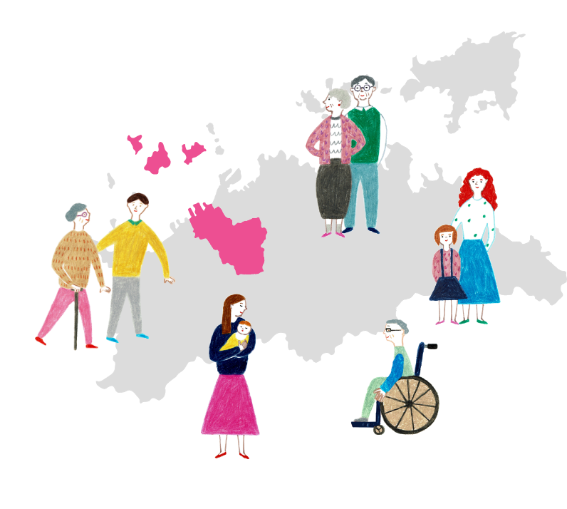 香川県の地図とさまざまな世代の人々のイラスト